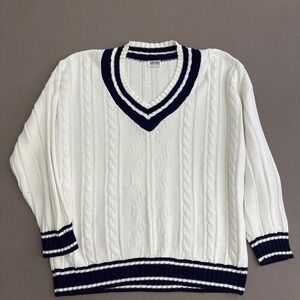 Avon Style Vintage Cable Knit Sweater Ivory Navy Blue V-Neck Preppy Pullover